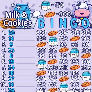 Milk and Cookies 150/300 In Each Row *2 Versions* Reg. & Pro. Board (Min. 50), 15 Line Pyp Themed Bingo Boards