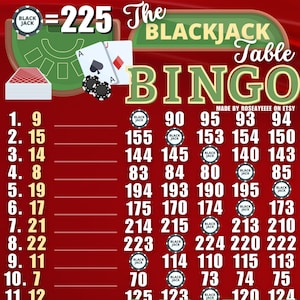 The Blackjack Table 225 WTA *2 Versions* Reg. & Pro. Board (Min. 25), 15 Line PYP Themed Bingo Boards