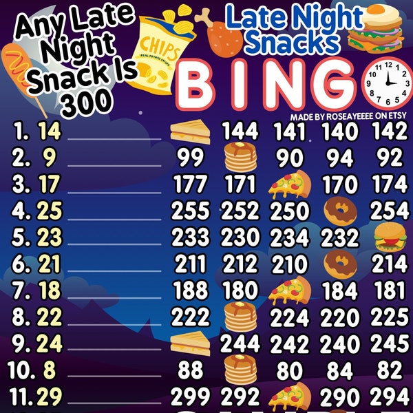 Late Night Snacks 300 WTA & Pro. Board (Min. 40), 15 Line PYP Themed Bingo Boards