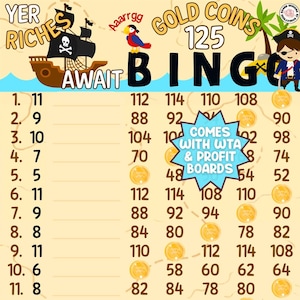 NEW! Yer Riches Await 125 *2 Versions* WTA & Profit Boards (Min. 15), PYP, Pro, Themed 1-15 Line Bingo Boards