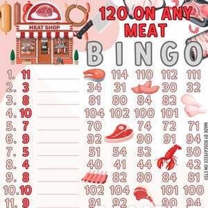 Meat Shop 120 WTA *2 Versions* Reg. & Pro. Board (Min. 20), 15 Line PYP Themed Bingo Boards