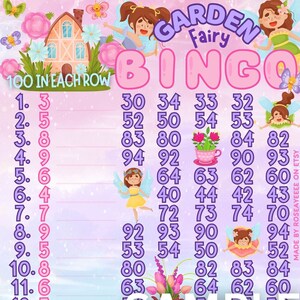 May include: A pink and purple bingo card with a garden fairy theme. The card has numbers 1-15 on the left side and numbers 30-94 on the right side. The card also has a free space in the middle. The card is decorated with images of fairies, flowers, and a house.