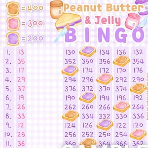Peanut Butter and Jelly Multi 400 *4 Versions* Reg. & Pro. Board (Min. 50), Normal/Modified Versions 15 Line PYP Themed Bingo Boards