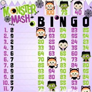 May include: A Halloween-themed bingo game board with the words "Monster Mash Bingo" in green and purple. The board features cartoon monster illustrations and numbers. The top row has the numbers 100, 75, and 40.