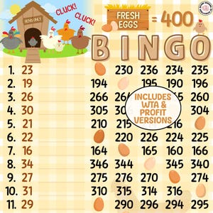 Cluck Cluck! 400 *2 Versions* WTA & Profit Boards (Min. 60), PYP, Pro, Themed 1-15 Line Bingo Boards