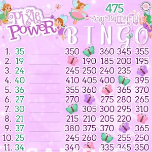 Puede incluir: Una tarjeta de Bingo rosa y morada con el texto "Pixie Power Bingo" y "Any Butterfly". La tarjeta presenta números, mariposas e ilustraciones de hadas. La tarjeta está diseñada para un juego infantil.