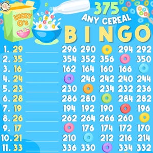 May include: A colorful cereal-themed bingo game board with the text "375 ANY CEREAL BINGO." The design includes a cereal box, a bowl of cereal, and a milk pour. Numbers and colored circles fill the grid.