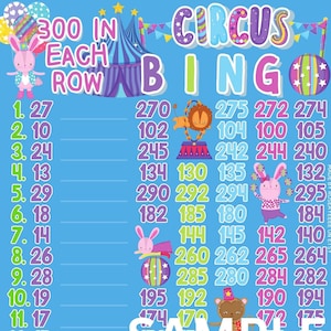 SALE! Circus 300 WTA *2 Versions* Reg. & Pro. Board (Min. 70), 15 Line PYP Themed Bingo Boards