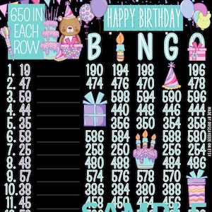 BIRTHDAY! Happy Birthday 650 WTA *2 Versions* Reg. & Pro. Board (Min. 150), 15 Line PYP Themed Bingo Boards