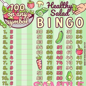 Healthy Salad 100 WTA *2 Versions* Reg. & Pro. Board (Min. 15), 15 Line PYP Themed Bingo Boards