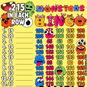 Monsters 215 WTA *2 Versions* Reg. & Pro. Board (Min. 35), 15 Line PYP Themed Bingo Boards