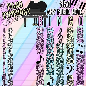 NEW! Piano Symphony 350 WTA *2 Versions* Regular & Pro. Board (Min. 70), 15 Line Pyp Themed Bingo Boards