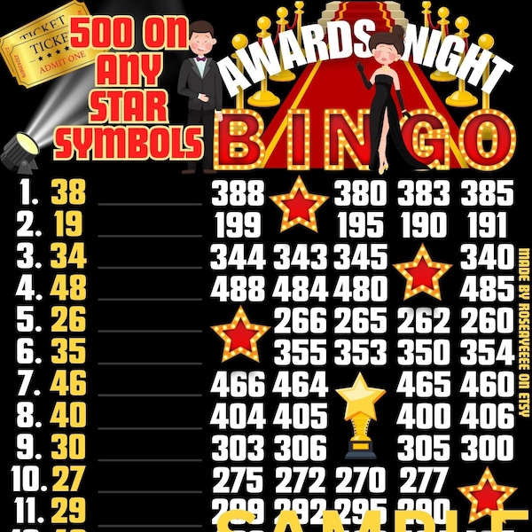 Award Night 500 WTA *2 Versions* Regular & Pro. Board (Min. 100), 15 Line PYP Themed Bingo Boards