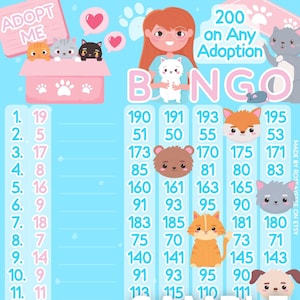 Adopt Me 200 WTA *2 Versions* Reg. & Pro. Board (Min. 40), 15 Line PYP Themed Bingo Boards