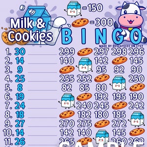 NEW! Milk and Cookies 150/300 In Each Row *2 Versions* Regular & Pro. Board (Min. 50), 15 Line Pyp Themed Bingo Boards