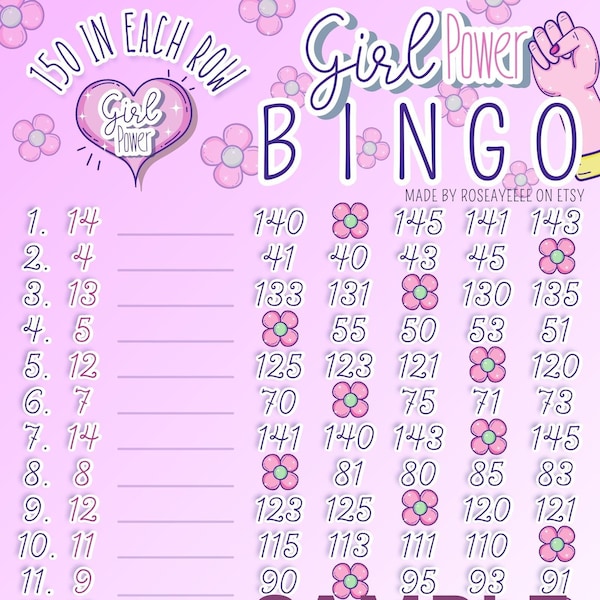 Girl Power 150 WTA *2 Versions* Regular & Pro. Board (Min. 30), 15 Line PYP Themed Bingo Boards