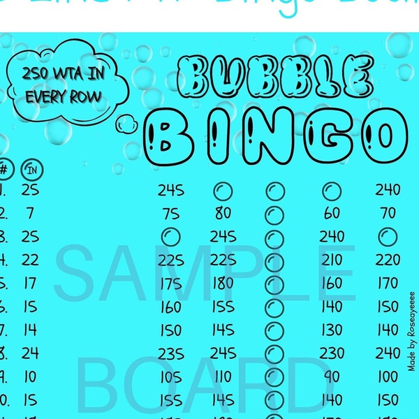 SALE! Bubbles 250 WTA In Each Row, 15 Line PYP Themed Bingo Board
