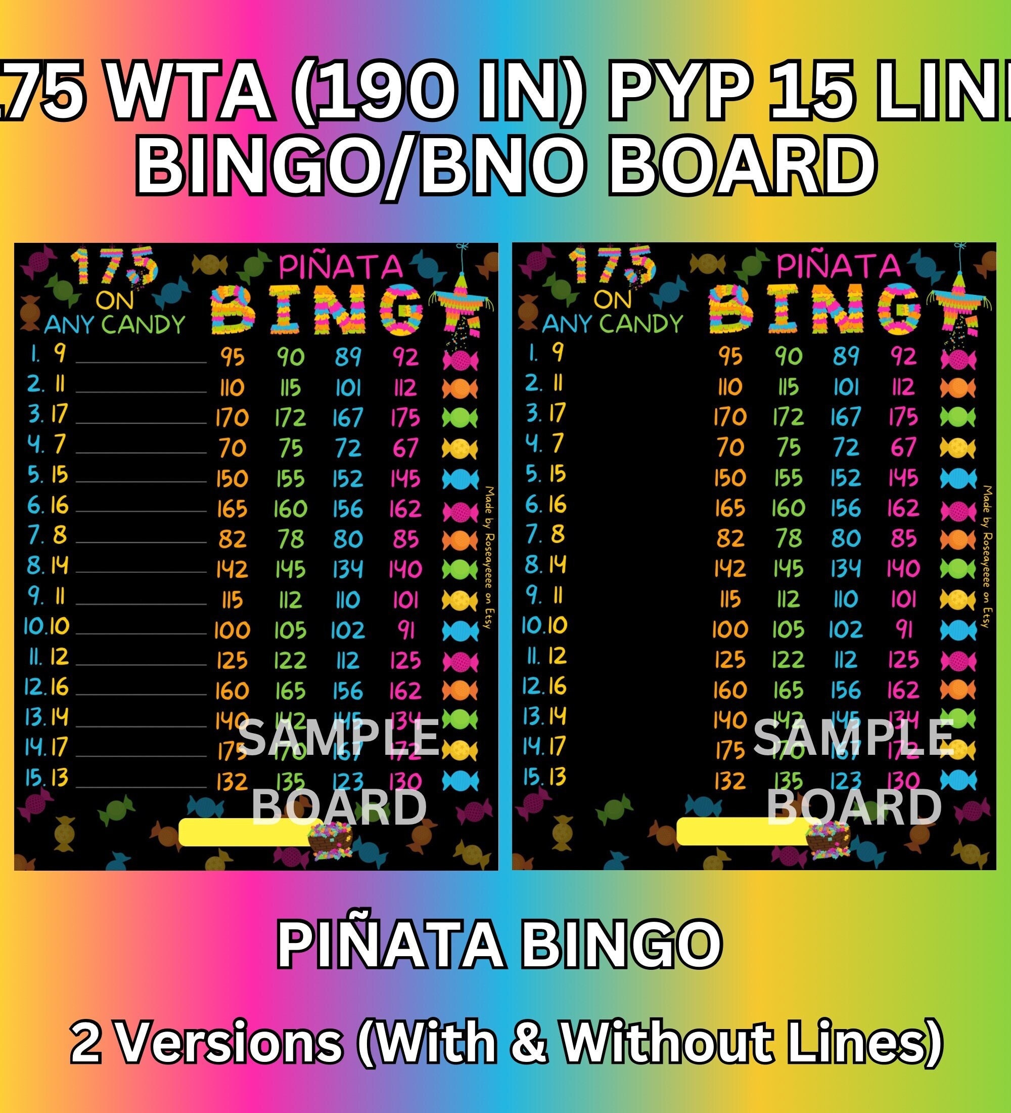 Pinata Row Piñata 175 WTA in Each Row (min. 15), 15 Line PYP Themed Bingo Board, 2 ...