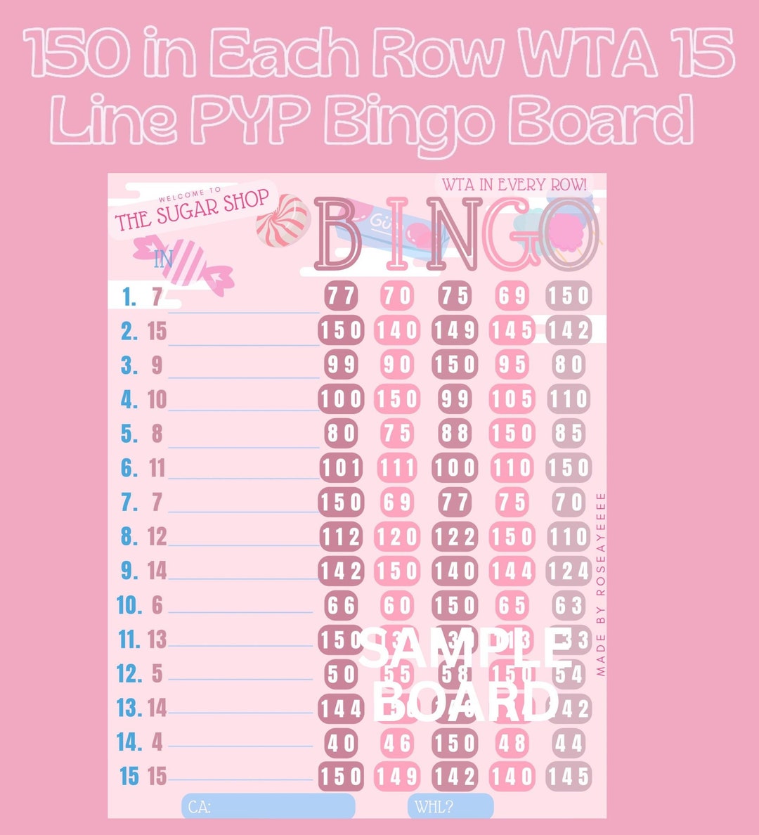 Sunshine & Daisies 400 WTA 15 Line PYP Themed Bingo Board 