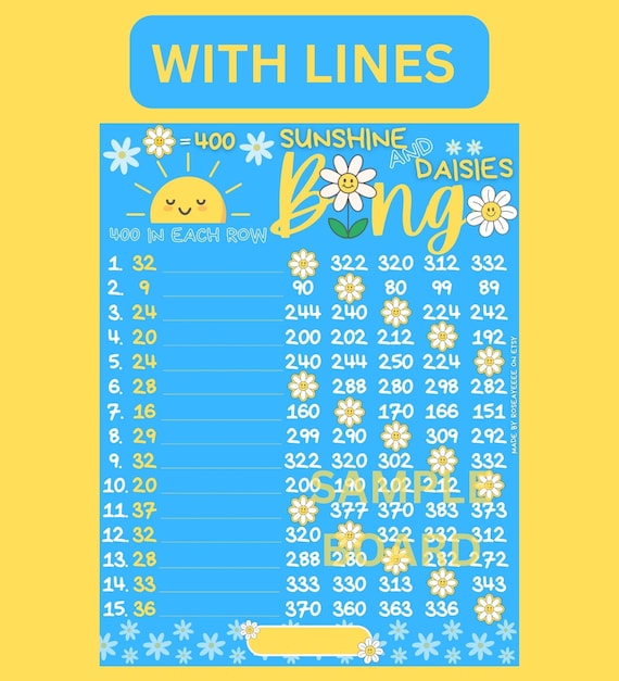 Sunshine & Daisies 400 WTA 15 Line PYP Themed Bingo Board 