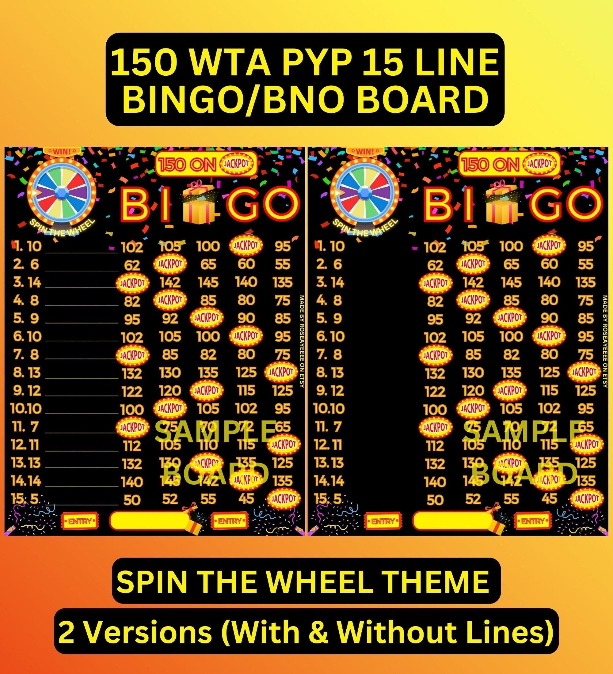 Bingo Wheel 150 WTA in Each Row, 15 Line PYP Themed Bingo Board, 2