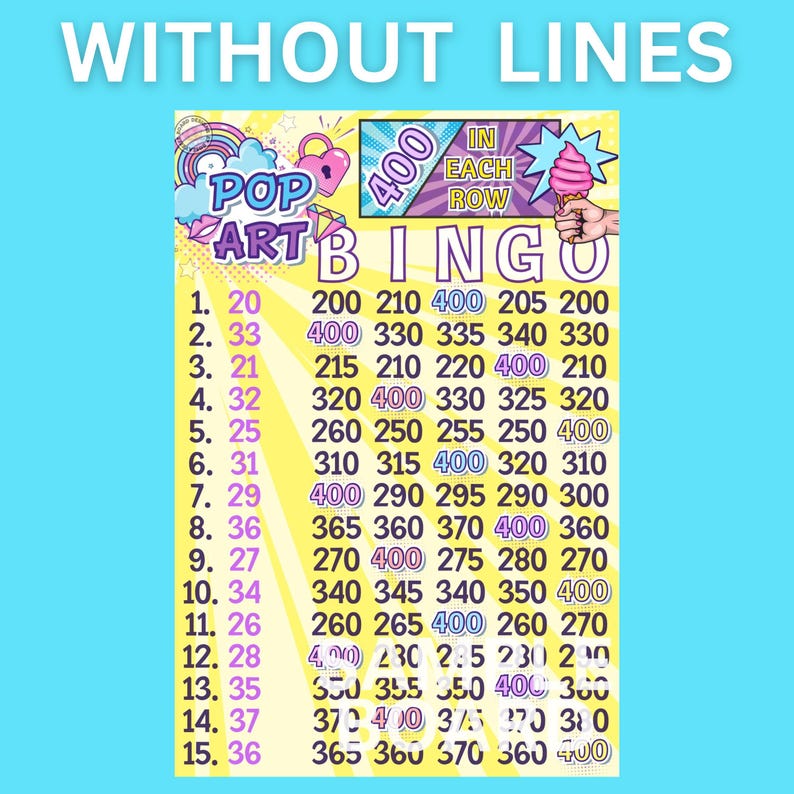 Pop Art 400 WTA Pro. Bingo Boards *2 Versions* With/without Lines ...