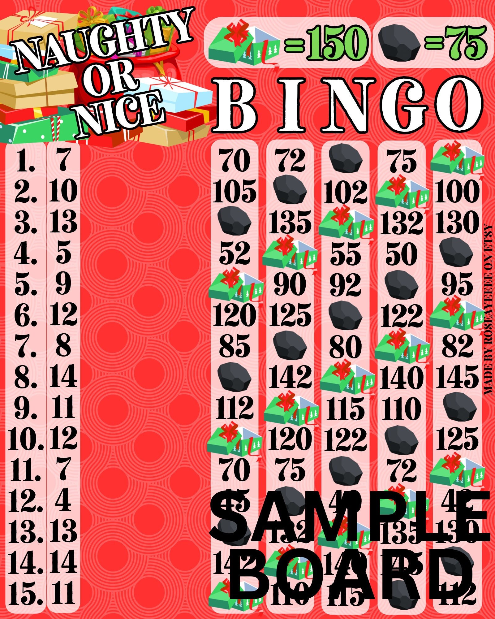 DECEMBER! Naughty or Nice 150 WTA and 75 In Each Row, 15 Line PYP Themed Bingo Board With & Without Lines