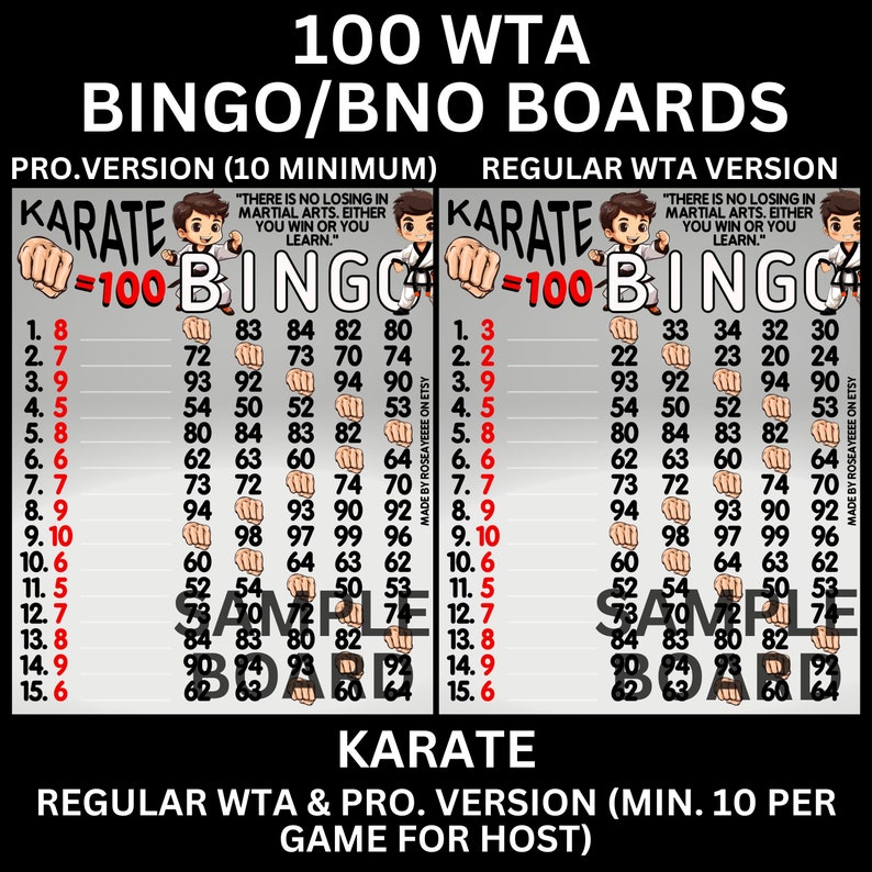 Karate 100 WTA &amp; Pro. Board (min. 10), 15 Line PYP Themed Bingo Boards ...