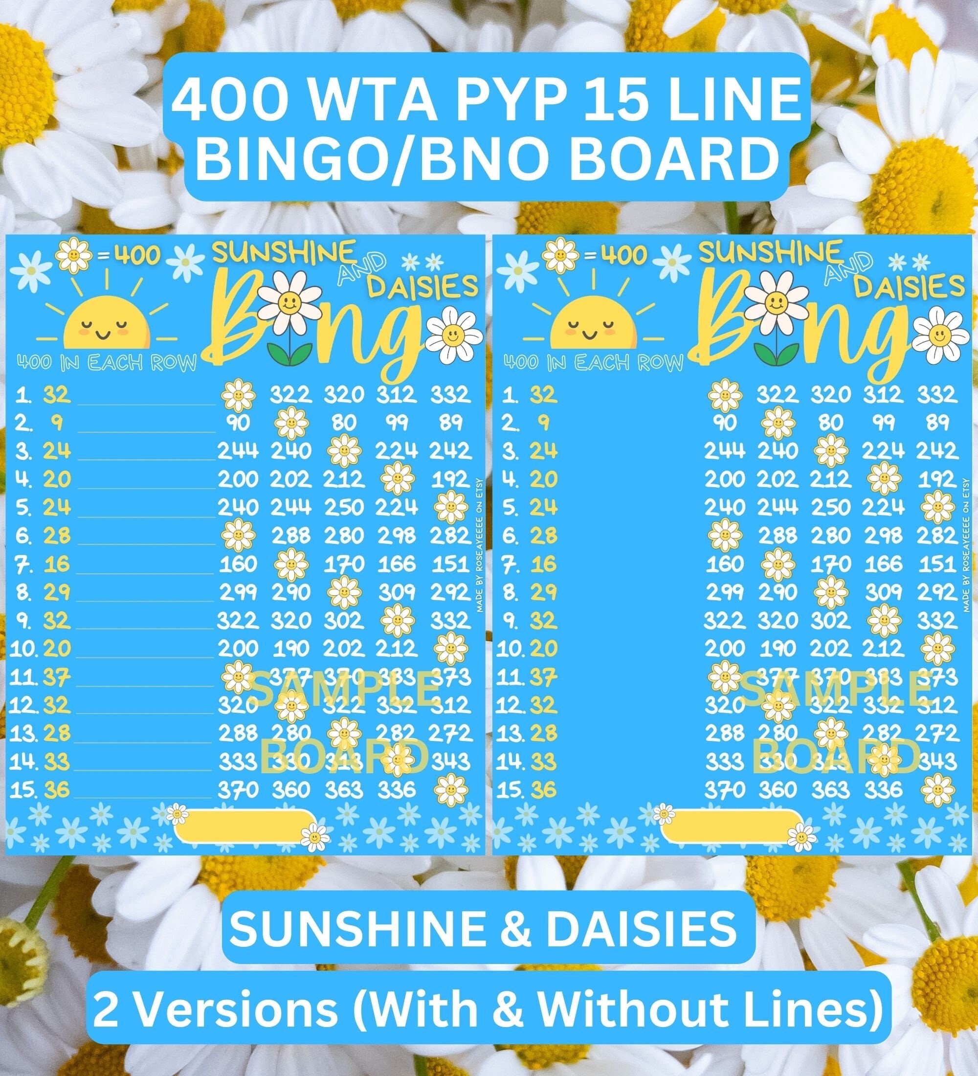 Sunshine & Daisies 400 WTA 15 Line PYP Themed Bingo Board 