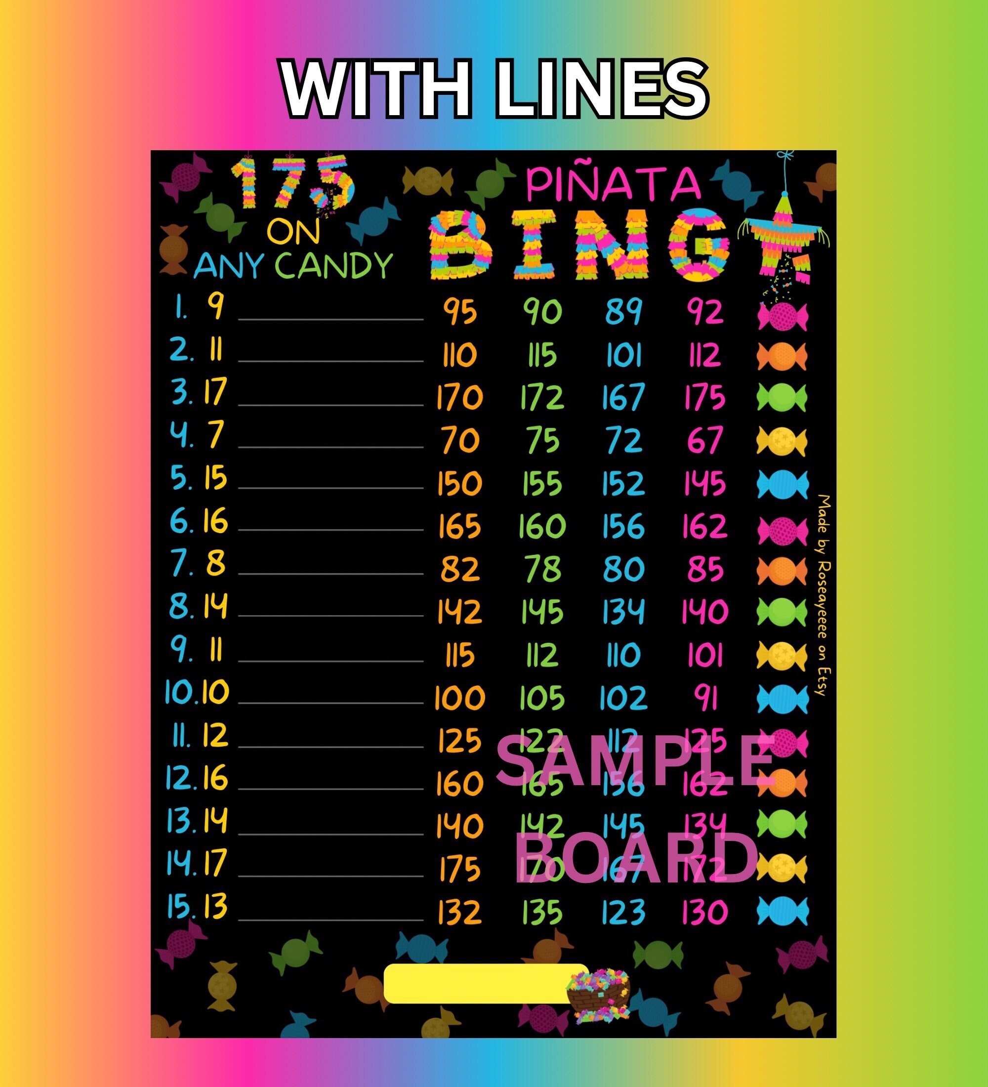Pinata Row Piñata 175 WTA in Each Row (min. 15), 15 Line PYP Themed Bingo Board, 2 ...