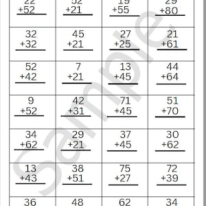 May include: A printable worksheet with the title "2-Digit Addition" and a grid of 16 math problems. Each problem involves adding two two-digit numbers. The worksheet is designed for children learning basic addition.