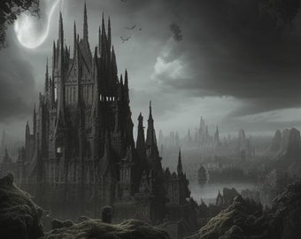 Dark Academia Decor Poster - Digital Download - Moonlight Castle Print - Dark Fantasy Landscape - Gift for Fantasy Lover - Dark Art