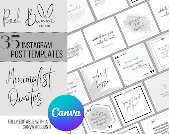 Può includere: Un set di 35 modelli di post Instagram di citazioni minimaliste in bianco e nero con sfondi grigi. I modelli sono completamente modificabili con un account Canva. Il testo sui modelli include citazioni come "Sei libero di essere diverso", "Non smettere mai di lavorare per i tuoi sogni" e "Fallo accadere".