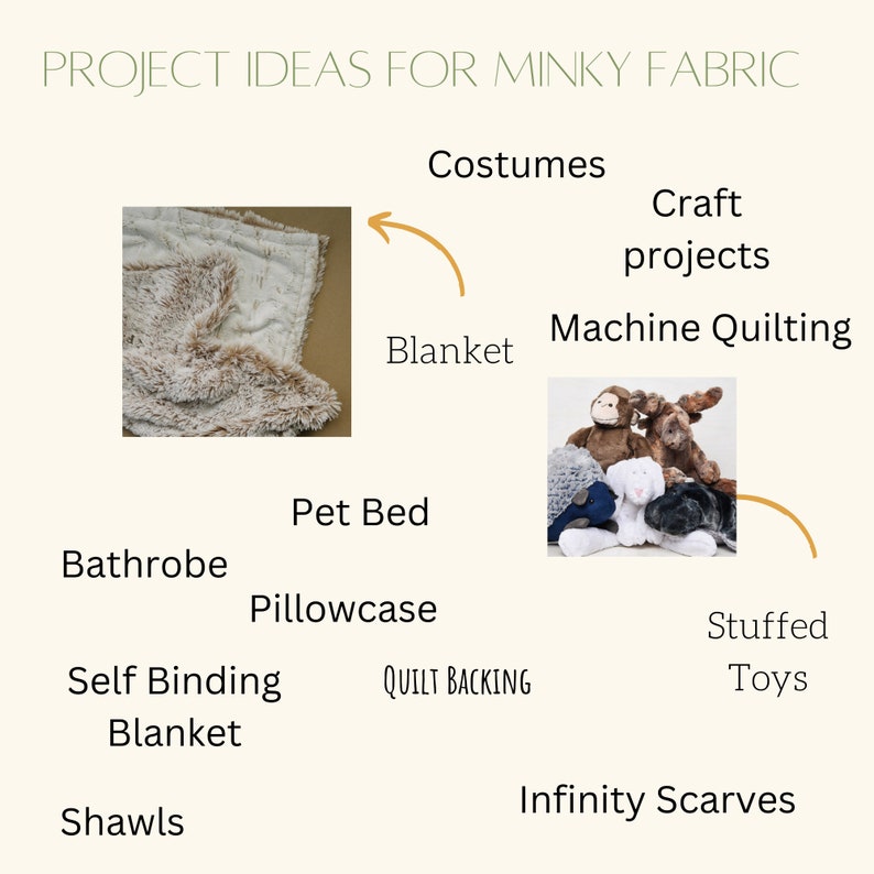 project ideas for your minky fabric purchase are: Sewing your own self binding blanket, quilt backing, soft furry bathrobe, stuffed toys, fabric for costumes, great to use for machine quilting,