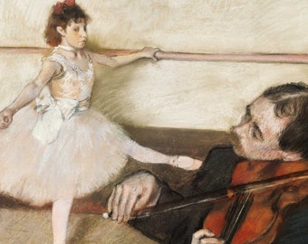 Edgar Degas – The Dance Class, 1879. Dancer Practicing at the Barre with Ballet Instructor in Edgar Degas's "The Dance Lesson".