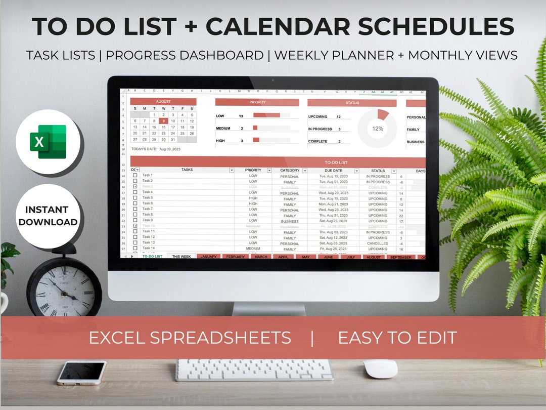 Customizable Excel To-do List Planner Daily-weekly Schedule & Calendar ...