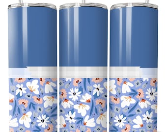 Boho Blue Floral Flowers Tumbler Wrap , Png Sublimation Template , Png designs , 20 and 30 oz , Straight Tapered, Create , Make your own