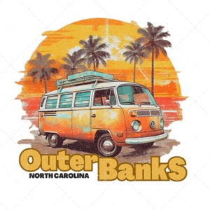 May include: A graphic illustration of an orange vintage camper van with a roof rack parked on a beach. The background features palm trees and a large yellow sun. The text Outer Banks North Carolina is printed in large gold letters at the bottom.