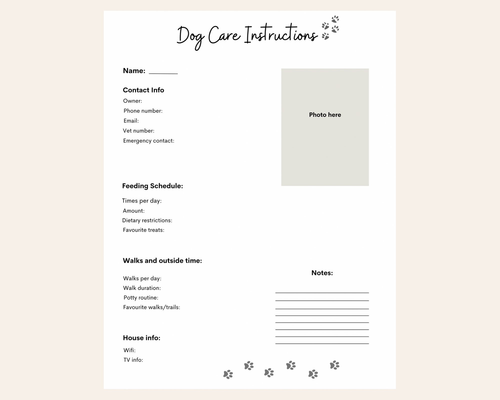 Dog Sitter Care Instructions / Pet Sitter Form / PDF Template