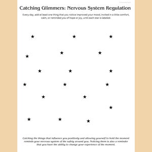 以下が含まれることがあります： 「Catching Glimmers: Nervous System Regulation」というタイトルの印刷可能なワークシート。ワークシートは白い背景に黒い星とテキストが書かれており、ユーザーは日々の生活の中でポジティブな経験に気づくように促されています。