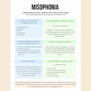 Peut inclure: A poster informatif intitul&eacute; "Misophonie" d&eacute;crivant la condition et les strat&eacute;gies d'adaptation. Il pr&eacute;sente des encadr&eacute;s bleus et verts avec des puces offrant des conseils pour g&eacute;rer les d&eacute;clencheurs et le stress.