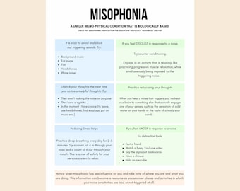 Puede incluir: Póster informativo titulado "Misofonía" con texto que describe la condición y las estrategias de afrontamiento. El póster presenta cuadros azules y verdes con viñetas que ofrecen consejos sobre cómo manejar los desencadenantes y el estrés.