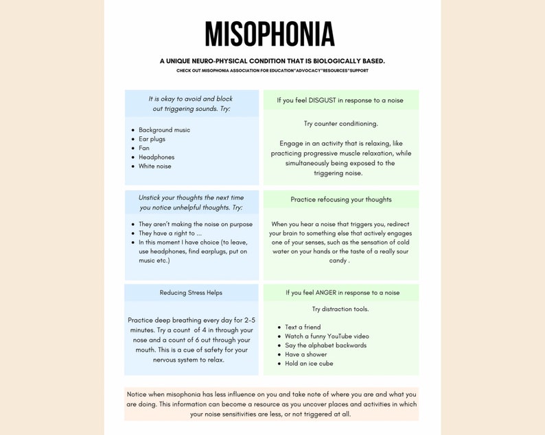 Peut inclure: A poster informatif intitul&eacute; "Misophonie" d&eacute;crivant la condition et les strat&eacute;gies d'adaptation. Il pr&eacute;sente des encadr&eacute;s bleus et verts avec des puces offrant des conseils pour g&eacute;rer les d&eacute;clencheurs et le stress.