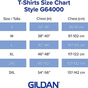 May include: T-shirt size chart for style G64000, showing sizes S through 3XL with corresponding chest measurements in inches and centimeters.
