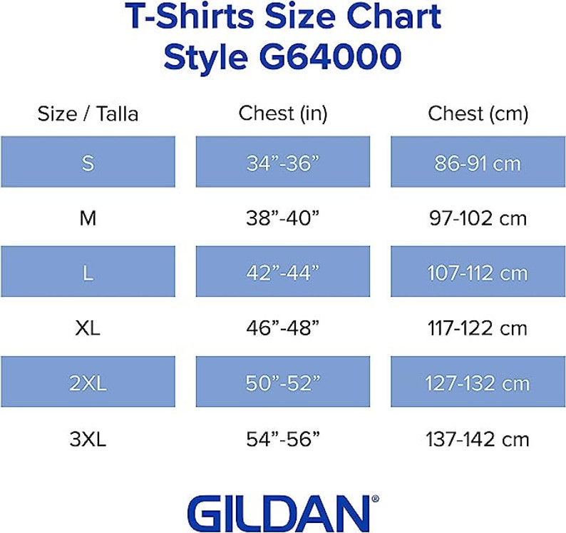 May include: T-shirt size chart for style G64000, showing sizes S through 3XL with corresponding chest measurements in inches and centimeters.