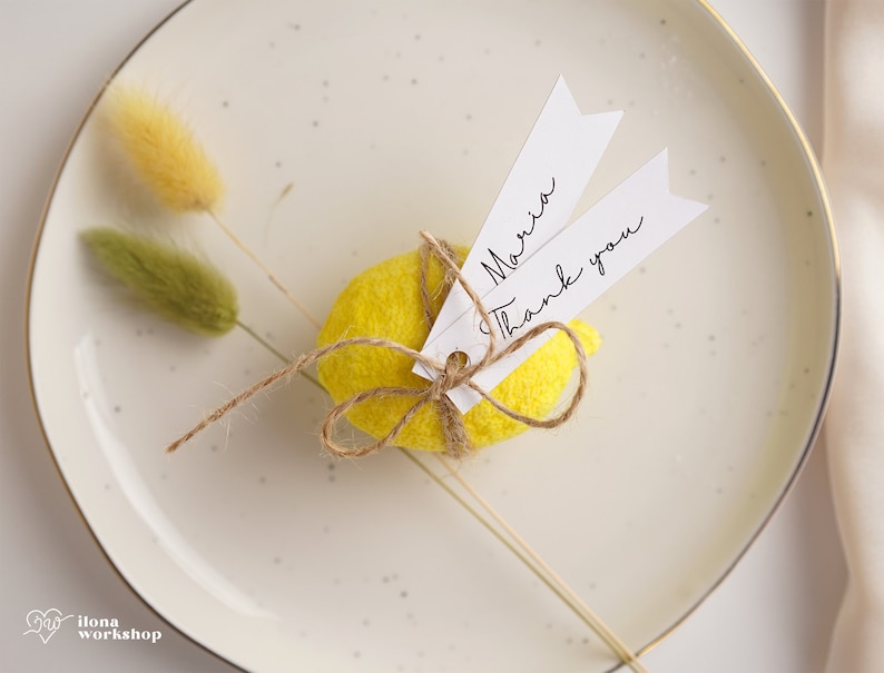 May include: A yellow felt lemon with a brown twine bow and two white tags. The tags are tied to the bow and have the text "Maria" and "Thank you" written on them.