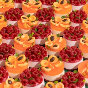 Può includere: Primo piano di una varietà di mini torte con diverse guarnizioni di frutta. Le torte sono disposte in file e decorate con frutta fresca, tra cui lamponi, fragole e mirtilli.