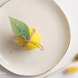 May include: A yellow lemon-shaped sponge tied with twine and a green leaf with the text "Todie For" written on it.