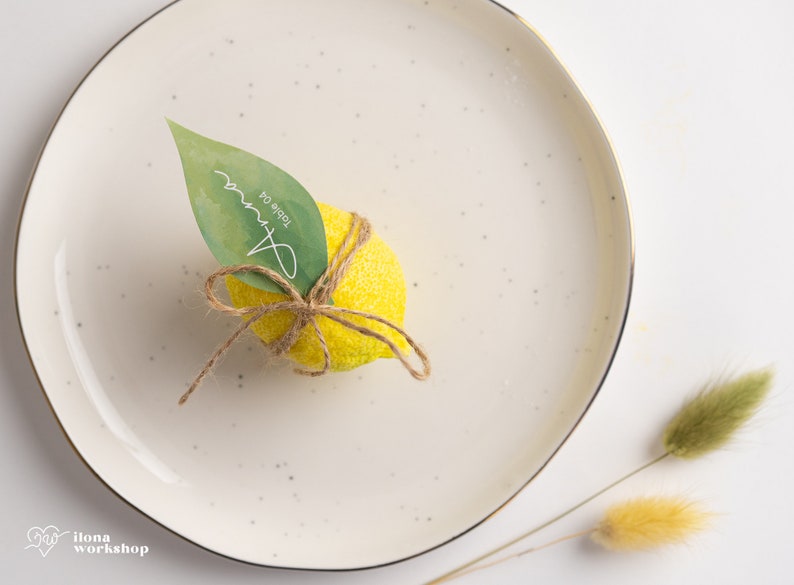 May include: A yellow lemon-shaped sponge tied with twine and a green leaf with the text "Todie For" written on it.