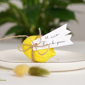 May include: A small yellow felt lemon tied with twine and a white tag that says "M. ria Thank you".